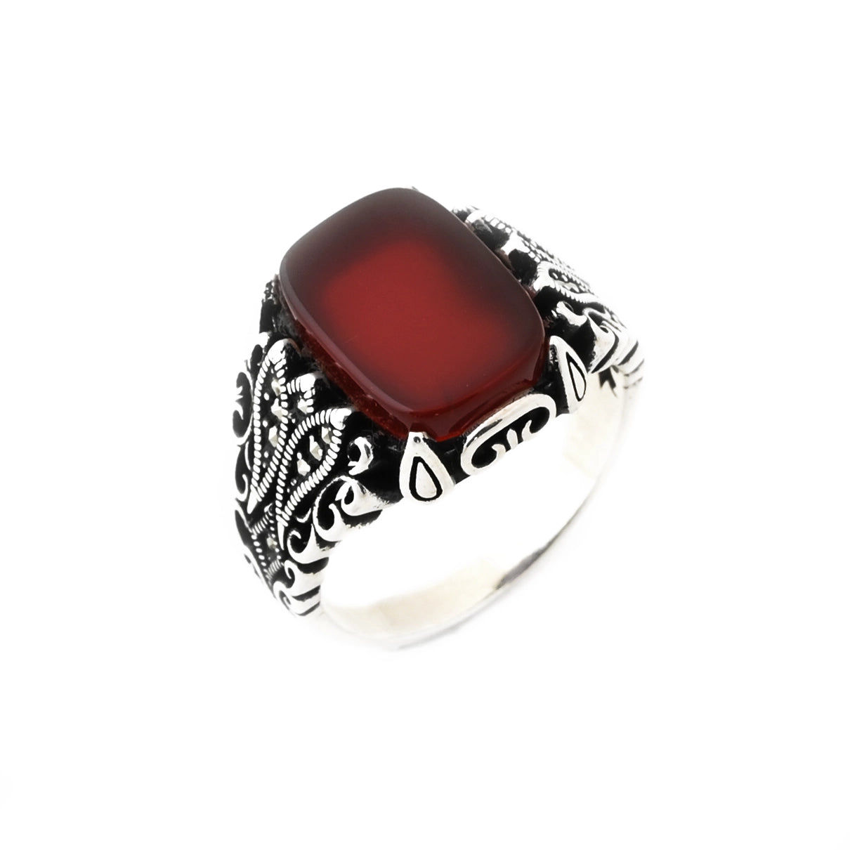 خاتم فضة رجالي عيار 925 بحجر عقيق بني مستطيل الشكل مطعم بأحجار ماركزت بالجانبين