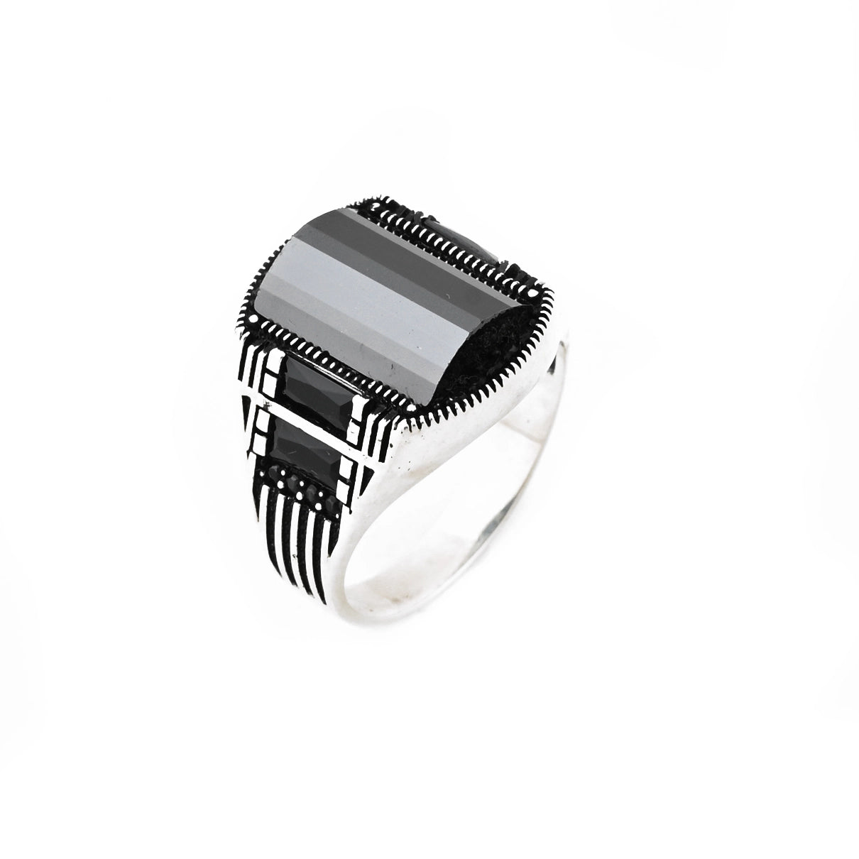 خاتم رجالي فضة مأكسد عيار 925 بحجر اونكس اسود بومبيه مستطيل كاجوال BMR0200844
