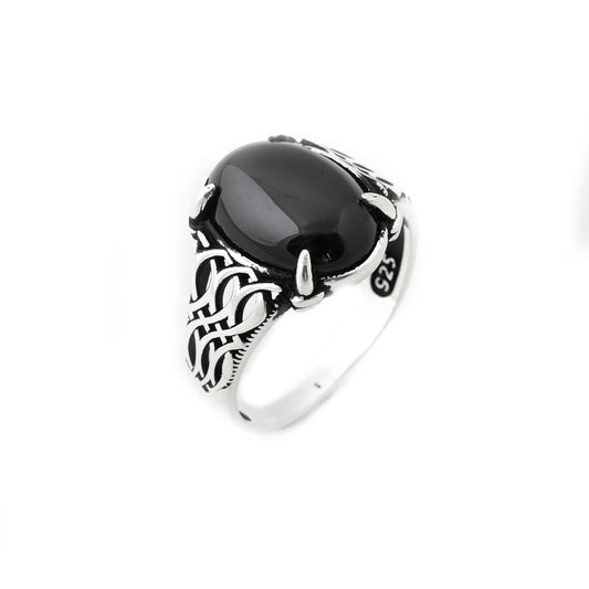 خاتم رجالي فضة مأكسد عيار 925 بحجر اونكس اسود مستطيل مفرغ الجانبين - BMR010583