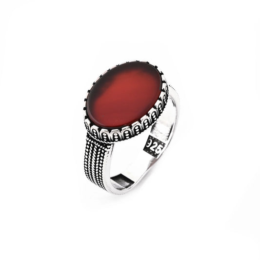 خاتم فضة رجالي عيار 925 بحجر عقيق بني بيضاوي الشكل