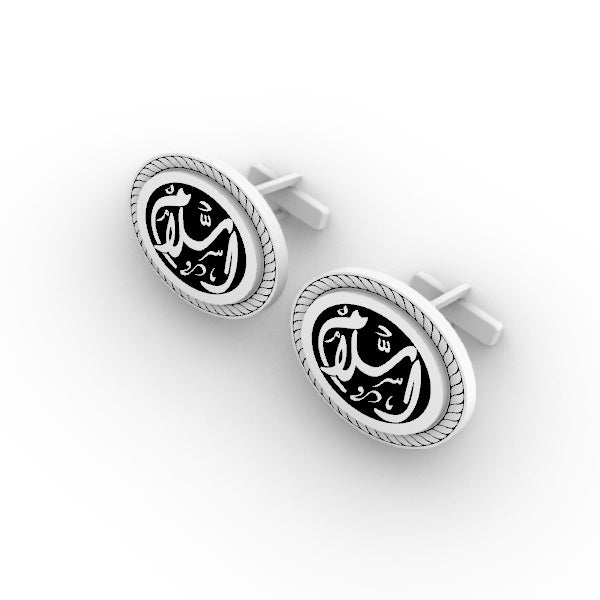 زرار قميص  Cufflink فضة بيور عيار 925 هاندميد شكل بيضاوي سميك مستويين بالاسم الشخصي